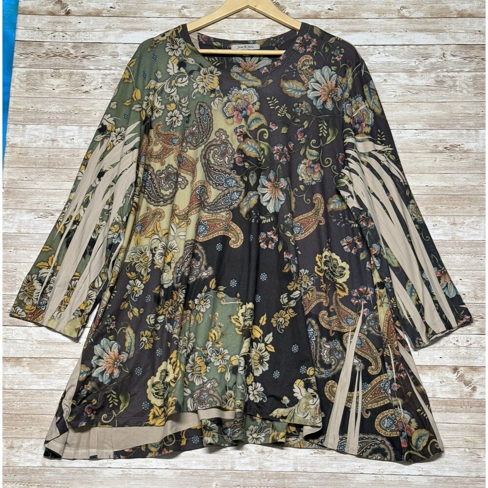 Jess and Jane Tunic Top Paisley Floral Flowy Swing Top Sz 2X Boho Green Black